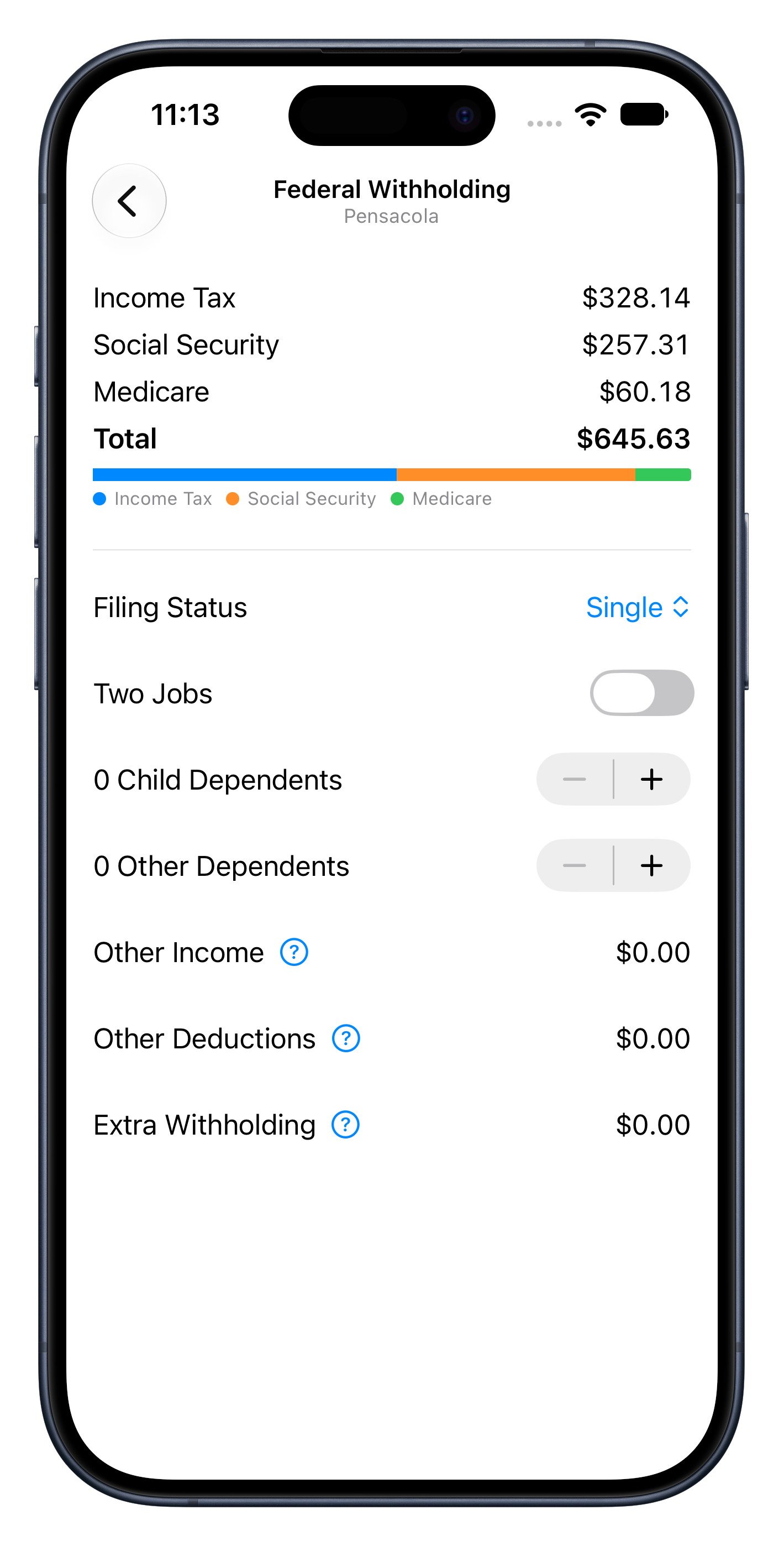 CheckFire’s federal withholding screen showing income and FICA taxes