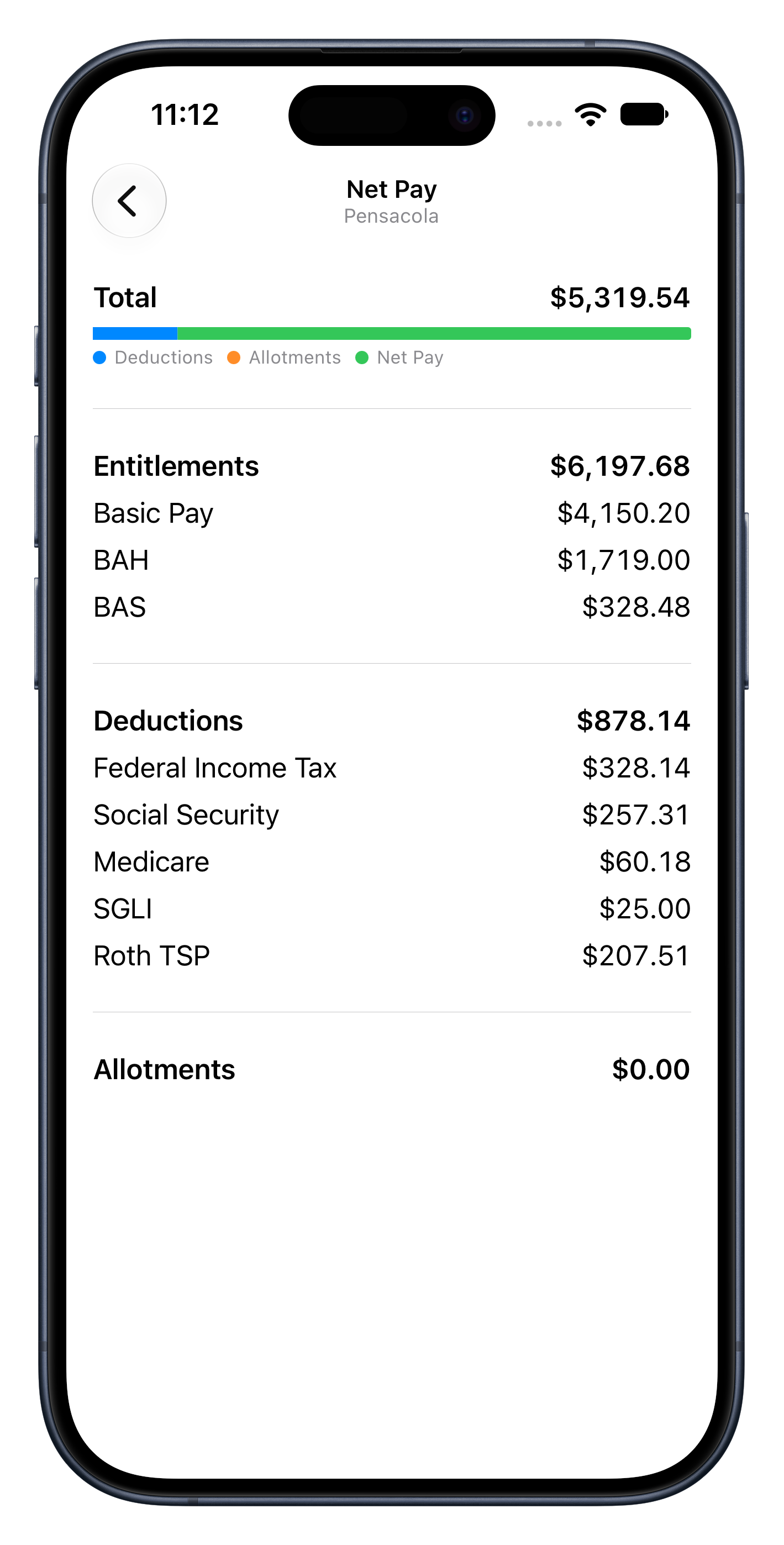 CheckFire’s net pay screen showing estimated entitlements, deductions, and take-home pay